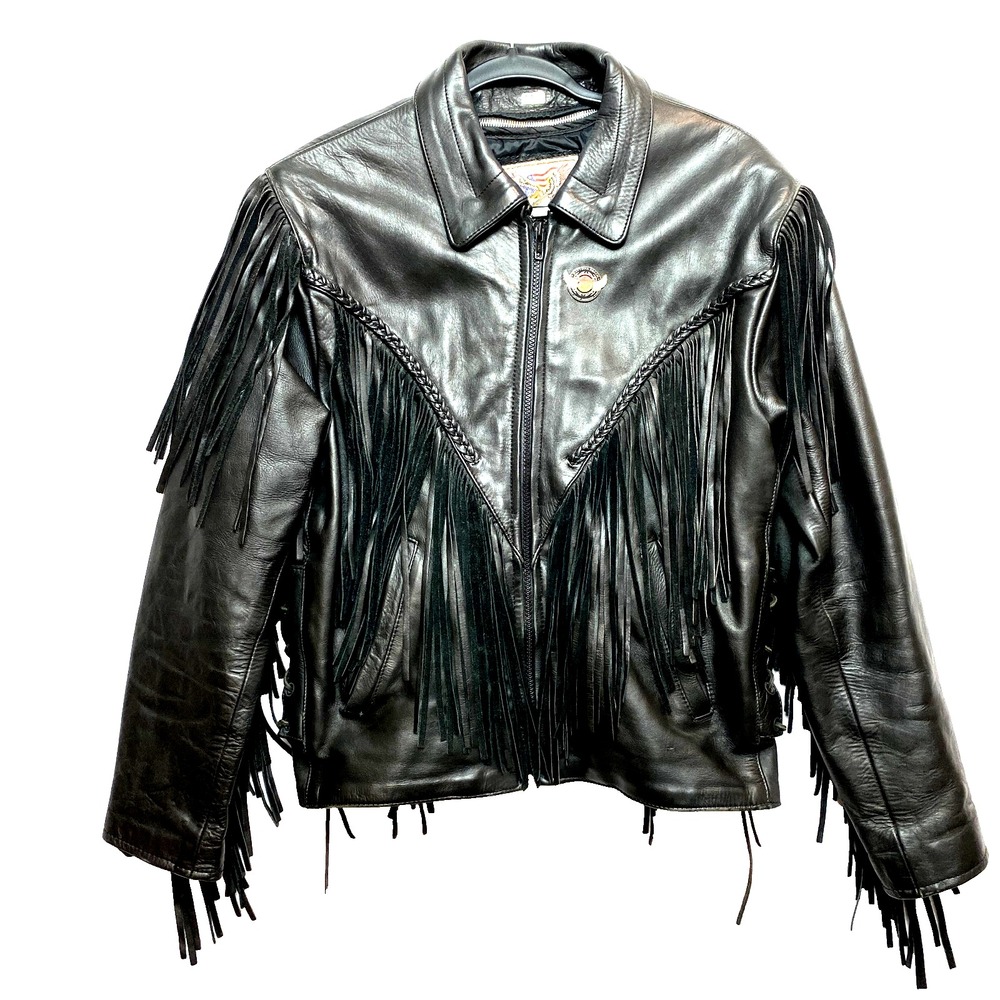 Vintage Leather Wear Jacket Womens 16 Black Motorcycle Woven Fringe Sides Biker